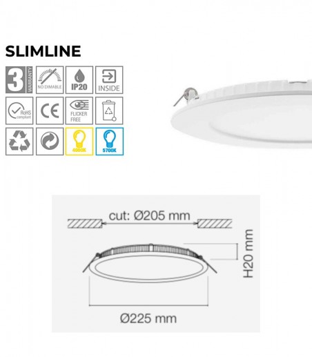 Características Downlight LED 18W Slimline circular blanco 1800lm Ø225 - Maslighting