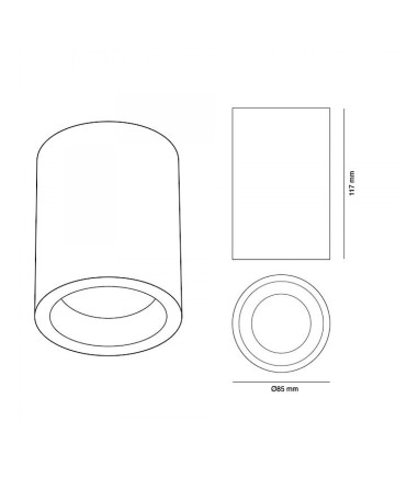 Dimensiones Foco superficie cilíndrico negro Fred Ø85X117 mm GU10 IP65