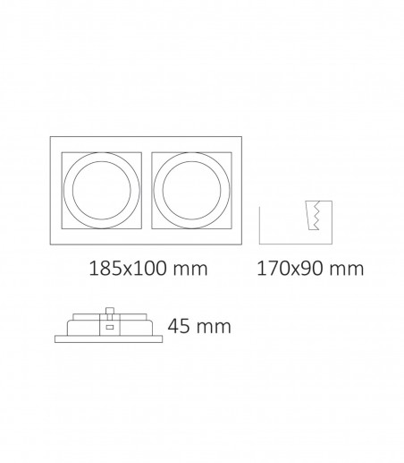 Dimensiones Foco empotrable GU10 doble Akrah 2 luces negro 170x90 mm