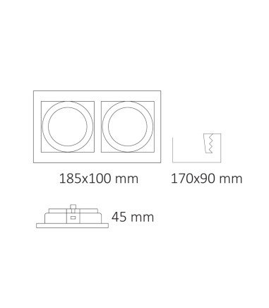 Dimensiones Foco empotrable GU10 doble Akrah 2 luces blanco 170x90 mm