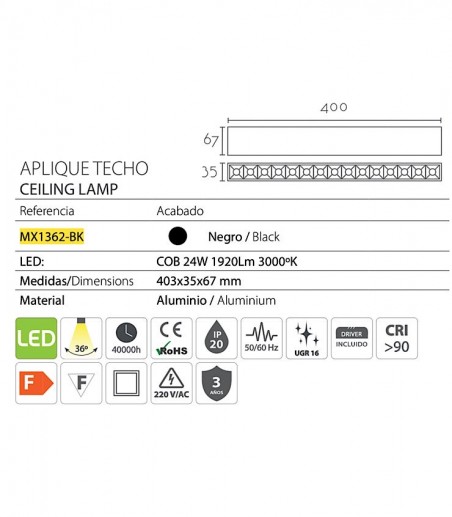 Foco superficie lineal negro COB 24W MX1362-BK - Ineslam