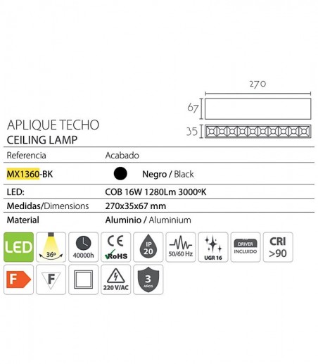 Características Foco superficie lineal negro 16W MX1360-BK - Ineslam