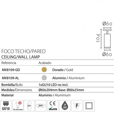 Foco superficie dorado orientable GU10 Ø60 MX8109-GD - Ineslam