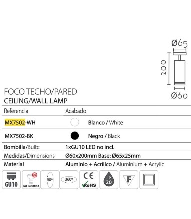 Características Foco superficie GU10 orientable MX7502 - Ineslam