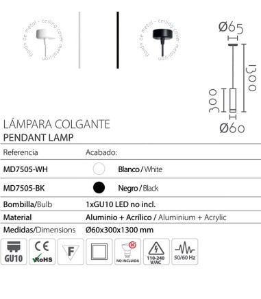 Características Lámpara colgante cilíndrica GU10 MD7505 - Ineslam