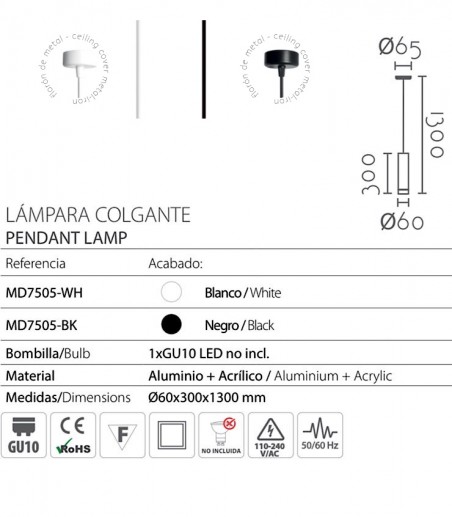 Características Lámpara colgante cilíndrica GU10 MD7505 - Ineslam