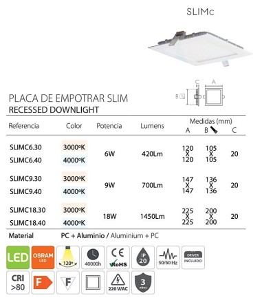 Características Downlight LED cuadrado plano SLIMc OSRAM LED - Ineslam