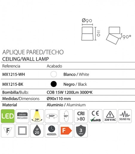 Características Foco de superficie orientable LED 15W MX1215 - Ineslam