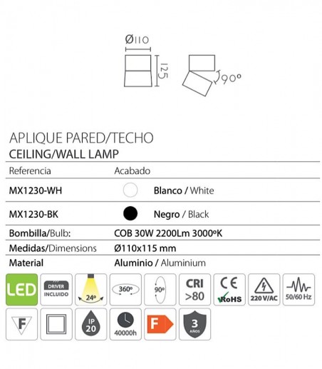 Características Foco de superficie orientable LED 30W MX1230 - Ineslam