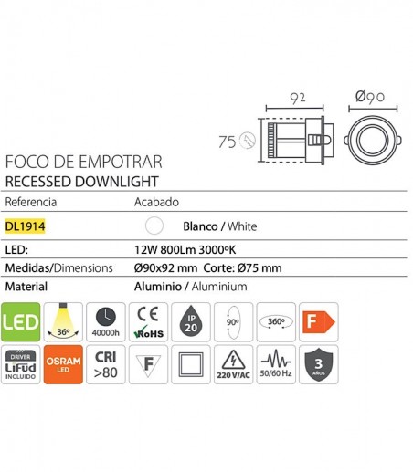 Características Foco empotrable LED dirigible 12W DL1914 - Ineslam