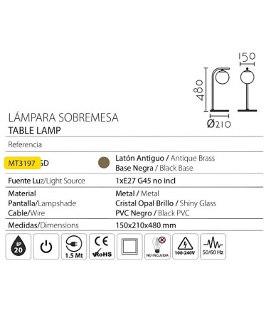 Características Lámpara mesa MT3197-GD - Ineslam