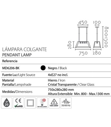 Lámpara de techo rectangular negra 4L...