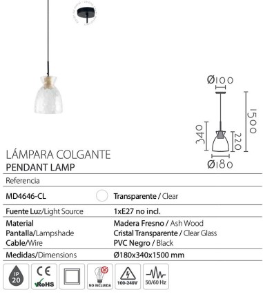 Características Lámpara colgante de madera y tulipa cristal MD4646-CL - Ineslam