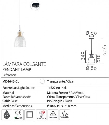 Características Lámpara colgante de madera y tulipa cristal MD4646-CL - Ineslam