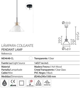 Lámpara colgante de madera y tulipa cristal MD4648-CL - Ineslam 2
