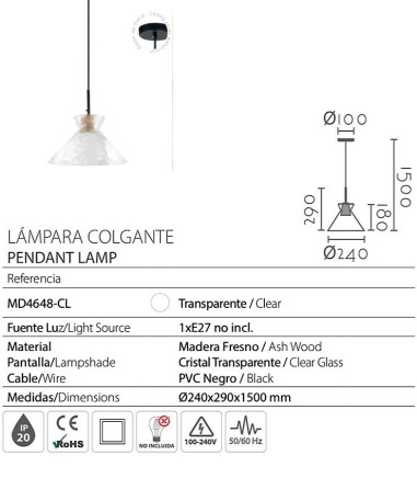Características Lámpara colgante de madera y tulipa cristal MD4648-CL - Ineslam