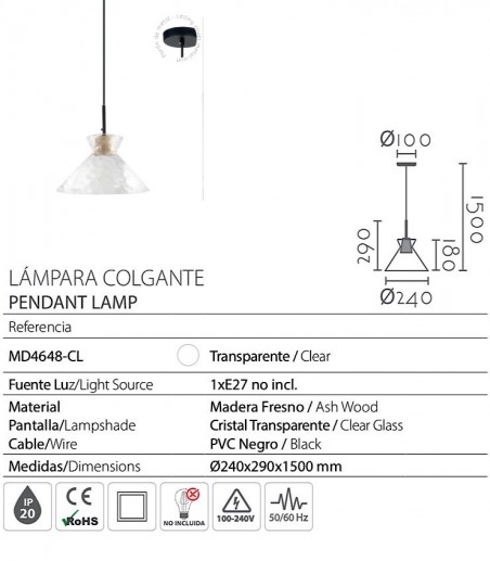 Características Lámpara colgante de madera y tulipa cristal MD4648-CL - Ineslam