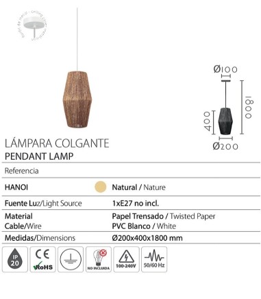 Características Lámpara colgante Hanoi Ø20 cm - Ineslam