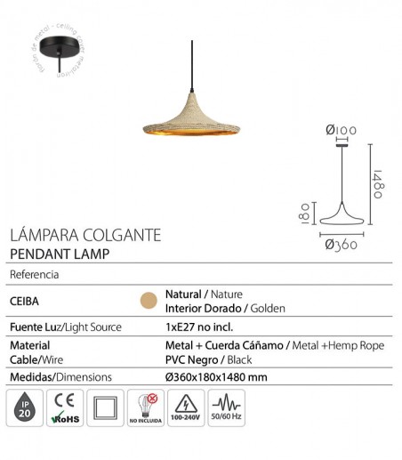 Características Lámpara colgante cuerda Ceiba Ø36 - Ineslam
