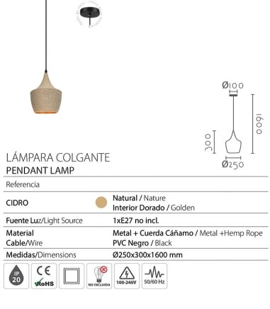Características Lámpara colgante cuerda Cidro Ø25 - Ineslam