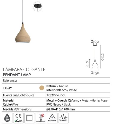 Características Lámpara colgante Taray B1075 cáñamo 25cm - Ineslam