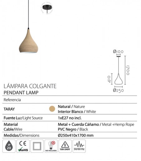 Características Lámpara colgante Taray B1075 cáñamo 25cm - Ineslam