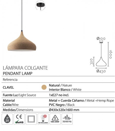 Características Lámpara colgante Clavel B1076-L cáñamo 43cm - Ineslam