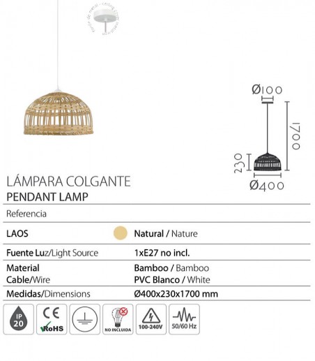 Características Lámpara de techo restaurante bambú Laos Ø40 cm - Ineslam