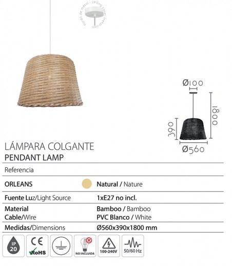 Características Lámpara de techo colgante bambú Orleans Ø56 - Ineslam