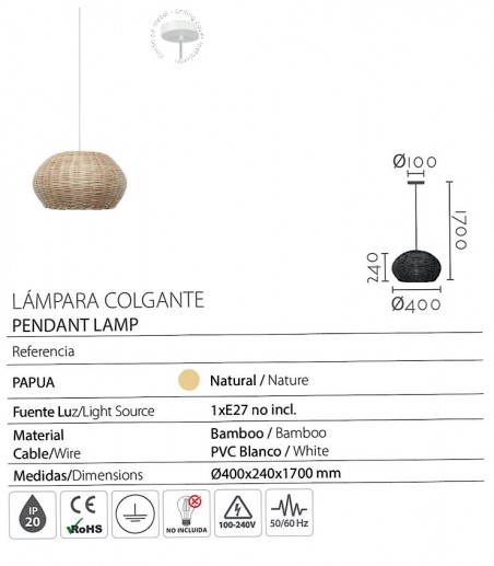 Características Lámpara de techo colgante bambú Papua Ø40 - Ineslam