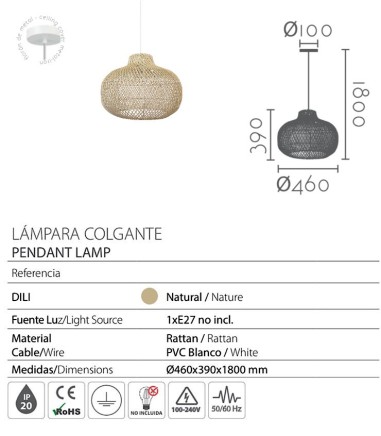 Características Lámpara de techo colgante rattán Dili Ø46 - Ineslam