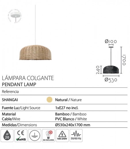 Características Lámpara de techo restaurante colgante bambú Shangai Ø53 - Ineslam