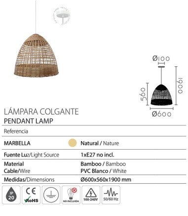 Características Lámpara colgante de bambú Marbella Ø60 - Ineslam