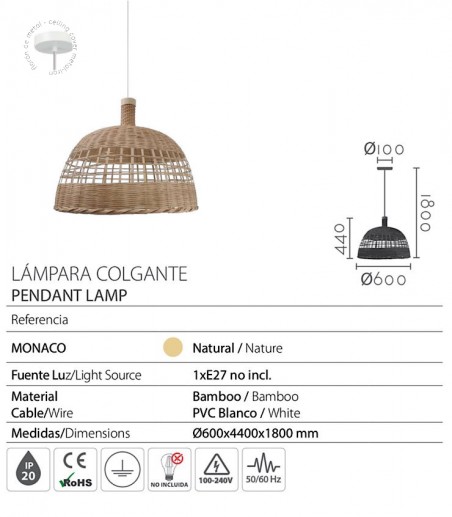 Características Lámpara colgante de bambú Mónaco Ø60 - Ineslam