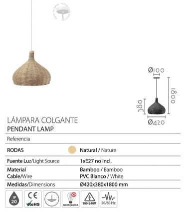 Características Lámpara colgante de bambú Rodas Ø42 - Ineslam