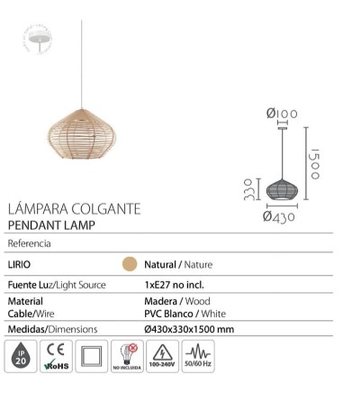 Características Lámpara colgante madera Lirio Ø43 - Ineslam