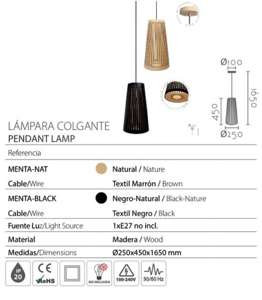 Características Lámpara colgante madera Menta natural - Ineslam