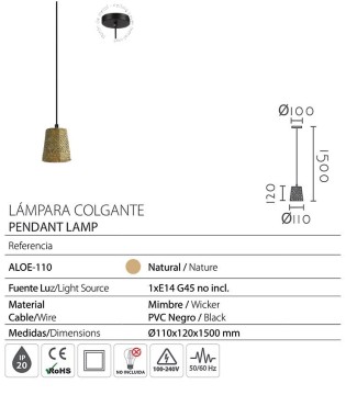 Lámpara colgante mimbre Aloe Ø11 - Ineslam 2