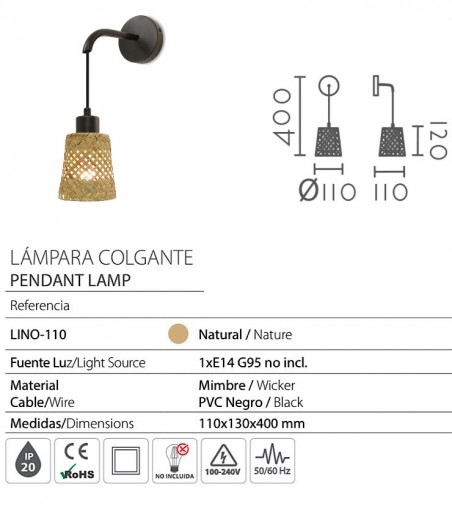 Características Aplique de pared colgante mimbre Lino-110 - Ineslam