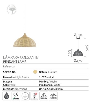 Características Lámpara colgante mimbre Salvia natural Ø47 - Ineslam