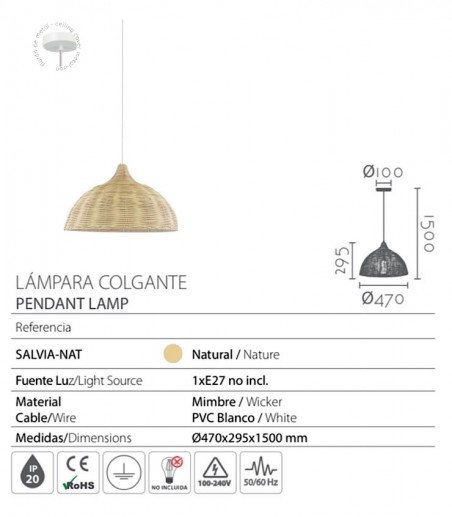 Características Lámpara colgante mimbre Salvia natural Ø47 - Ineslam