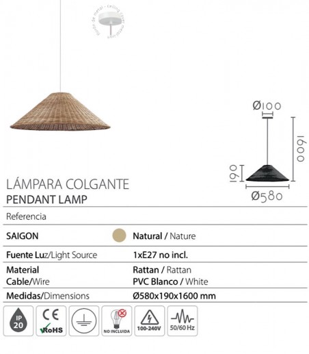 Características Lámpara de techo colgante ratán Saigón Ø58 - Ineslam