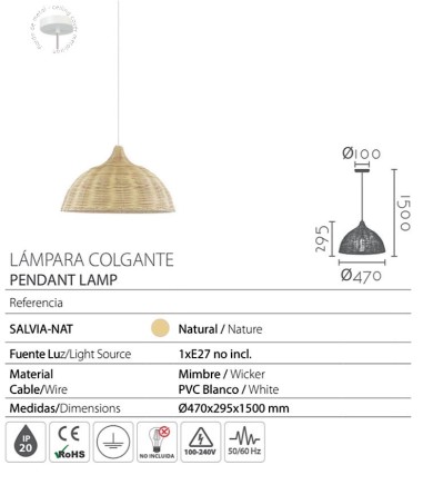 Características Lámpara colgante ratán Phuket Ø40 - Ineslam