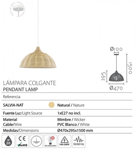 Características Lámpara colgante ratán Phuket Ø40 - Ineslam