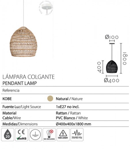 Características Lámpara colgante pantalla de ratán Kobe Ø40 - Ineslam