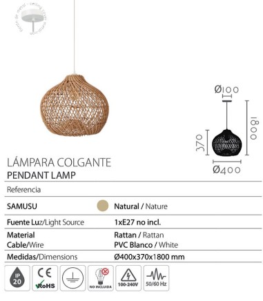 Lámpara colgante ratán Samusu Ø40 -...