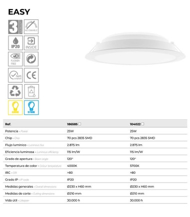 Características Downlight LED Easy 25W 2875lm blanco - Maslighting
