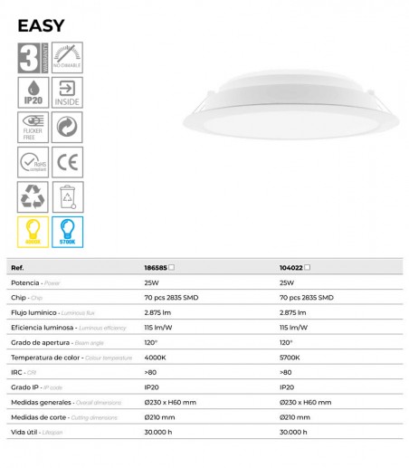 Características Downlight LED Easy 25W 2875lm blanco - Maslighting