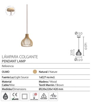 Lámpara colgante de techo de madera Olmo Ø22 - Ineslam 2