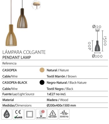 Características Lámpara colgante de techo de madera Casiopea Ø20 - Ineslam